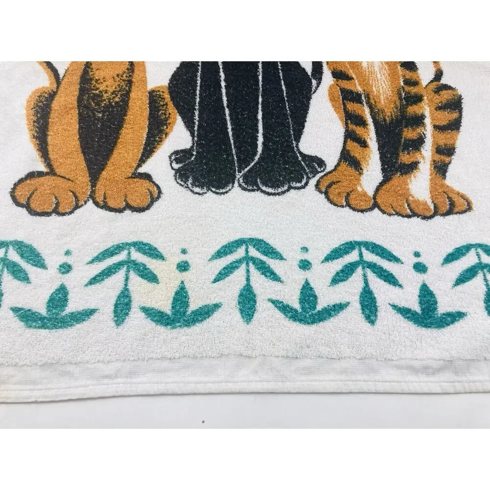 Vintage 1950s 60 Cannon Terry Beach Towel Tiger Pop Art Lion Graphic Black Cat O